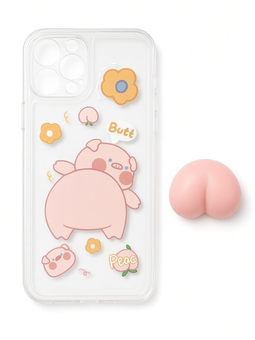 Cute Pig & Peach Pop-Grip Silicone Case for iPhone