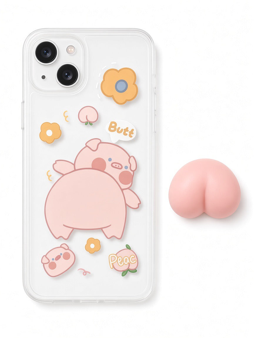 Cute Pig & Peach Pop-Grip Silicone Case for iPhone