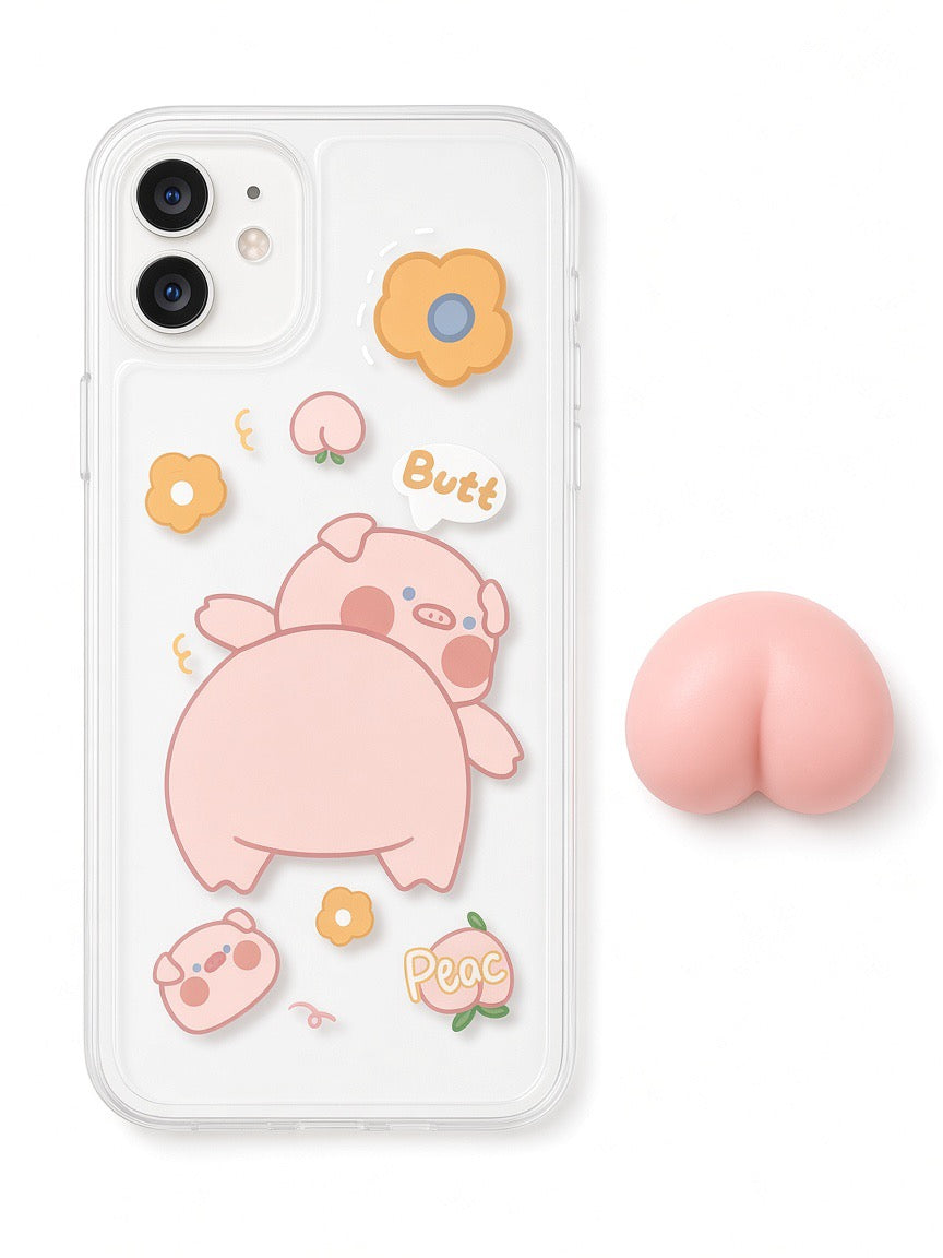 Cute Pig & Peach Pop-Grip Silicone Case for iPhone