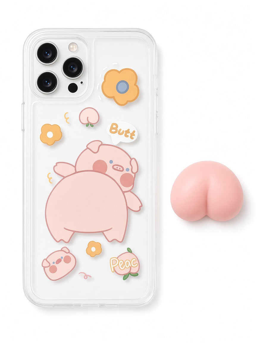 Cute Pig & Peach Pop-Grip Silicone Case for iPhone