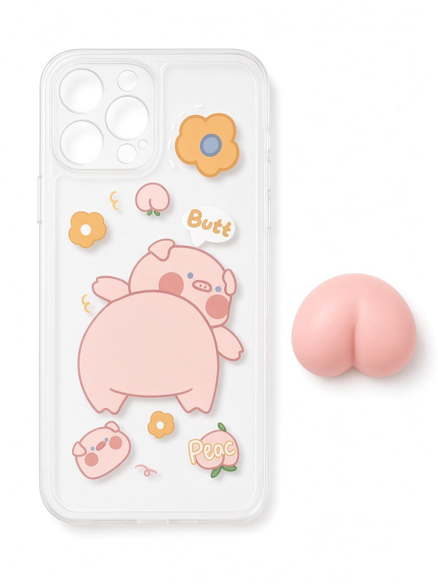 Cute Pig & Peach Pop-Grip Silicone Case for iPhone